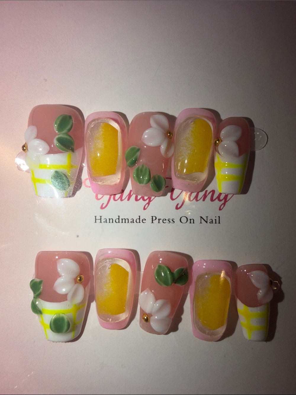 Handmade water Press-On Nails - Pink & Yellow Floral Design
